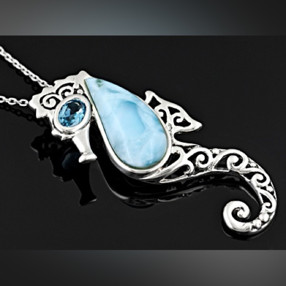 Larimar and Blue Topaz .50ct Sterling Silver Seahorse Pendant